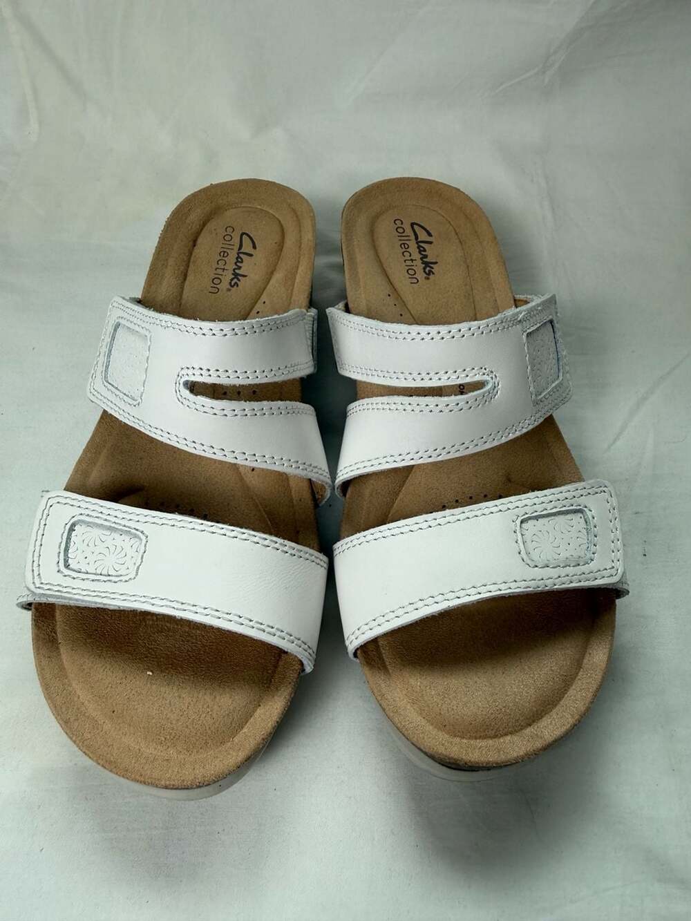 Clarks Collection White Leather Adjustable Comfort Slide Sandals Womens 8.5M